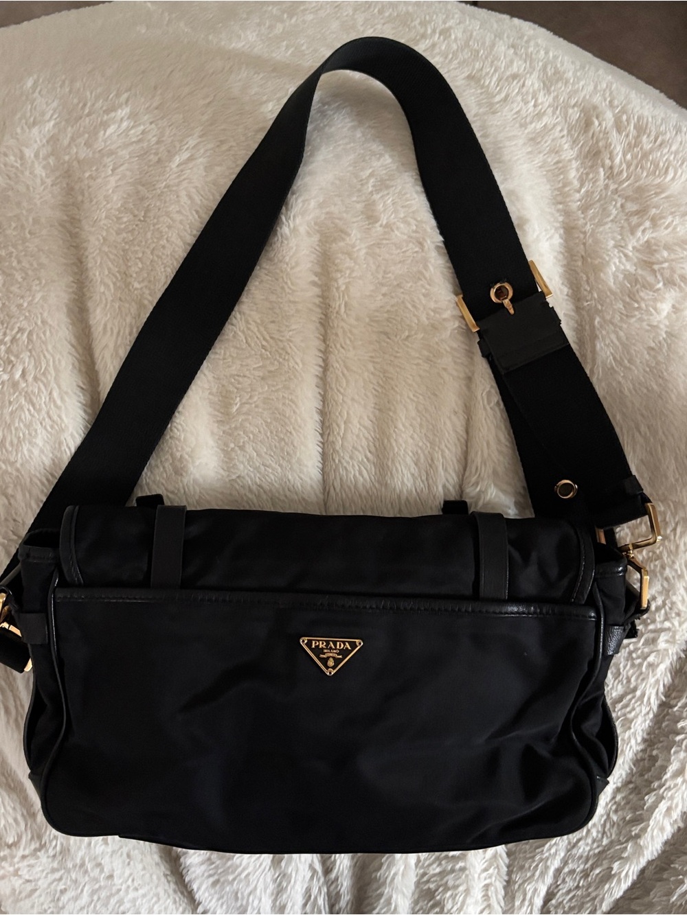 90s Black Nylon Prada Messenger Bag with Gold Accents